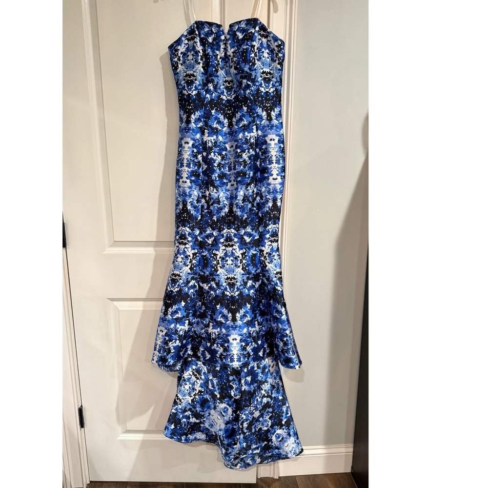 NWT Xscape Blue and White Strapless Tiered Gown